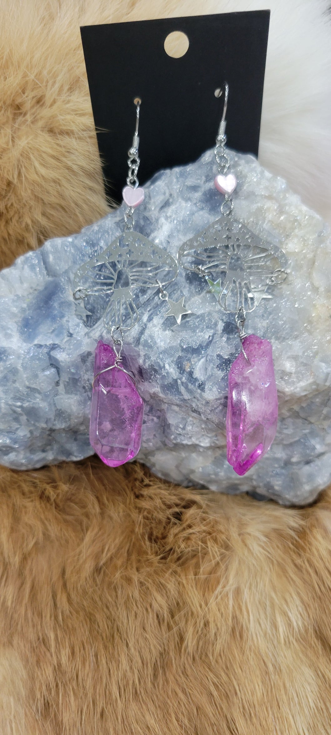 Aura Quartz and cats eye mushroom fashion earrings