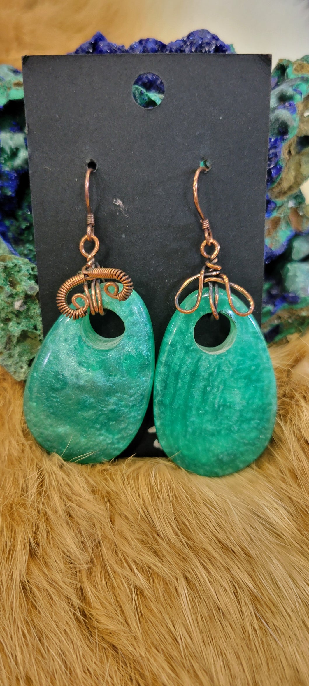 Green resin fashion earrings copper wire wrapped