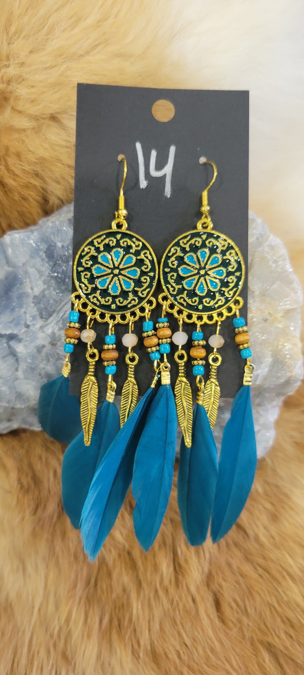 Blue feather dream catcher earrings