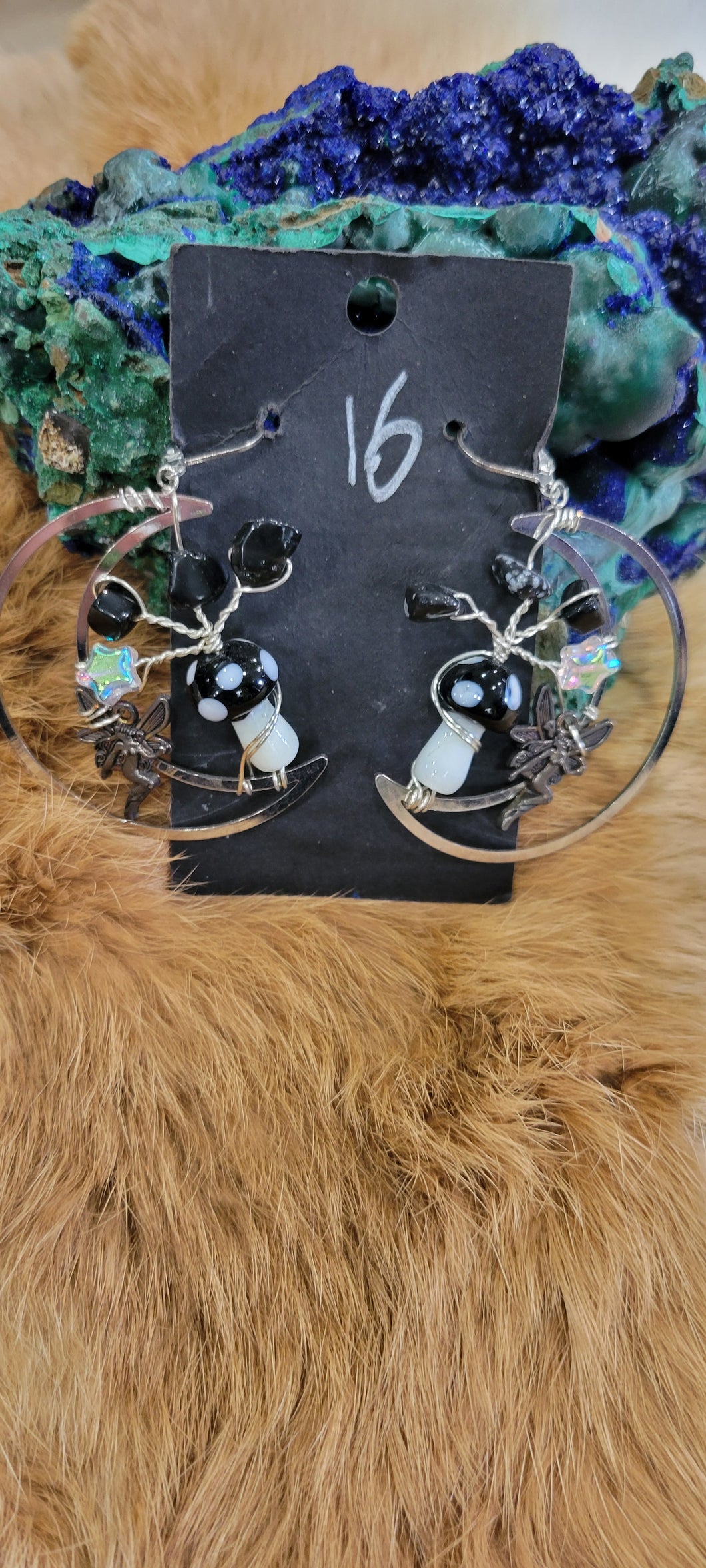 Mushroom Fairy moon fashion earrings with snowflake obsidian