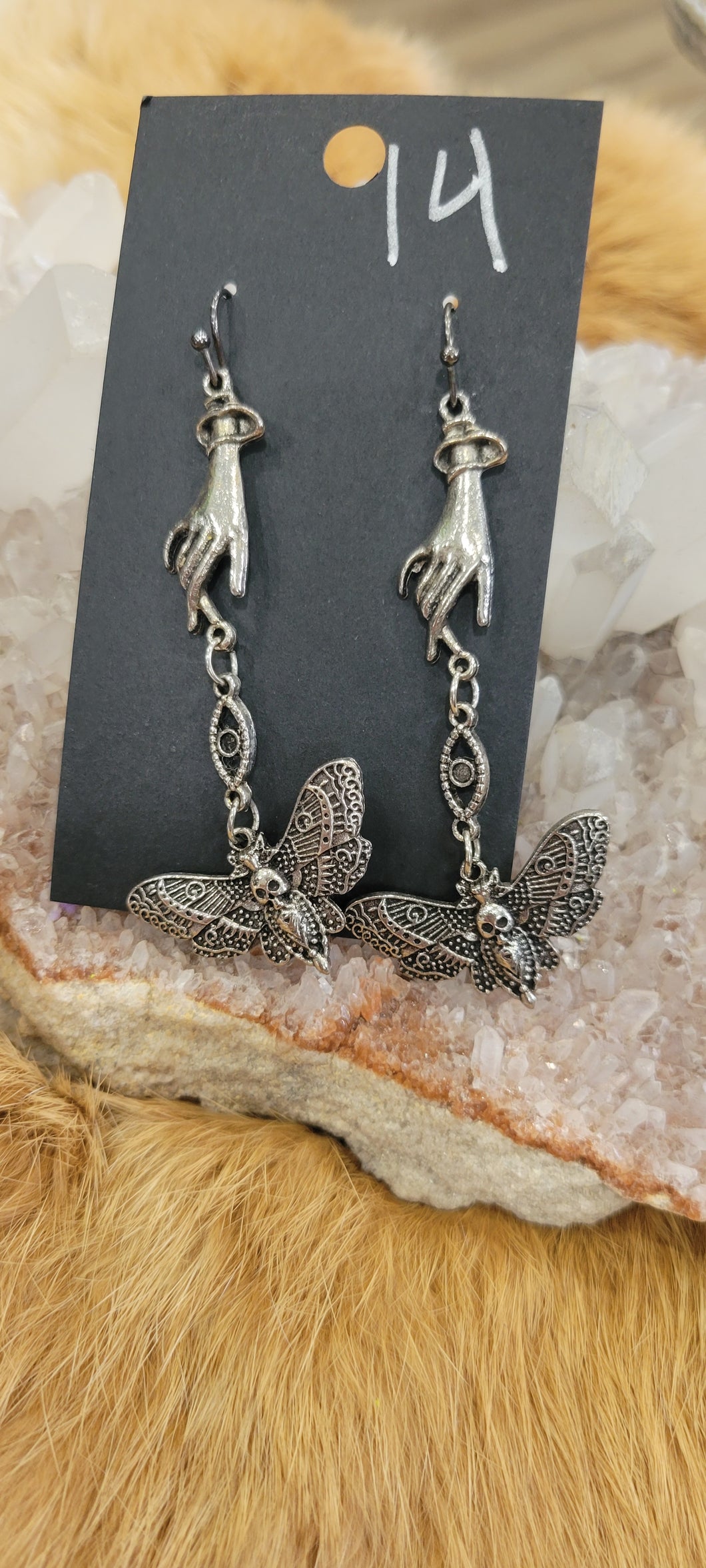 Hand & death moth fashion earrings