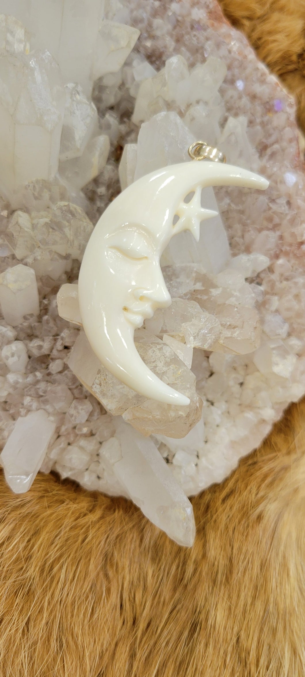 Moon and star bone carved pendant