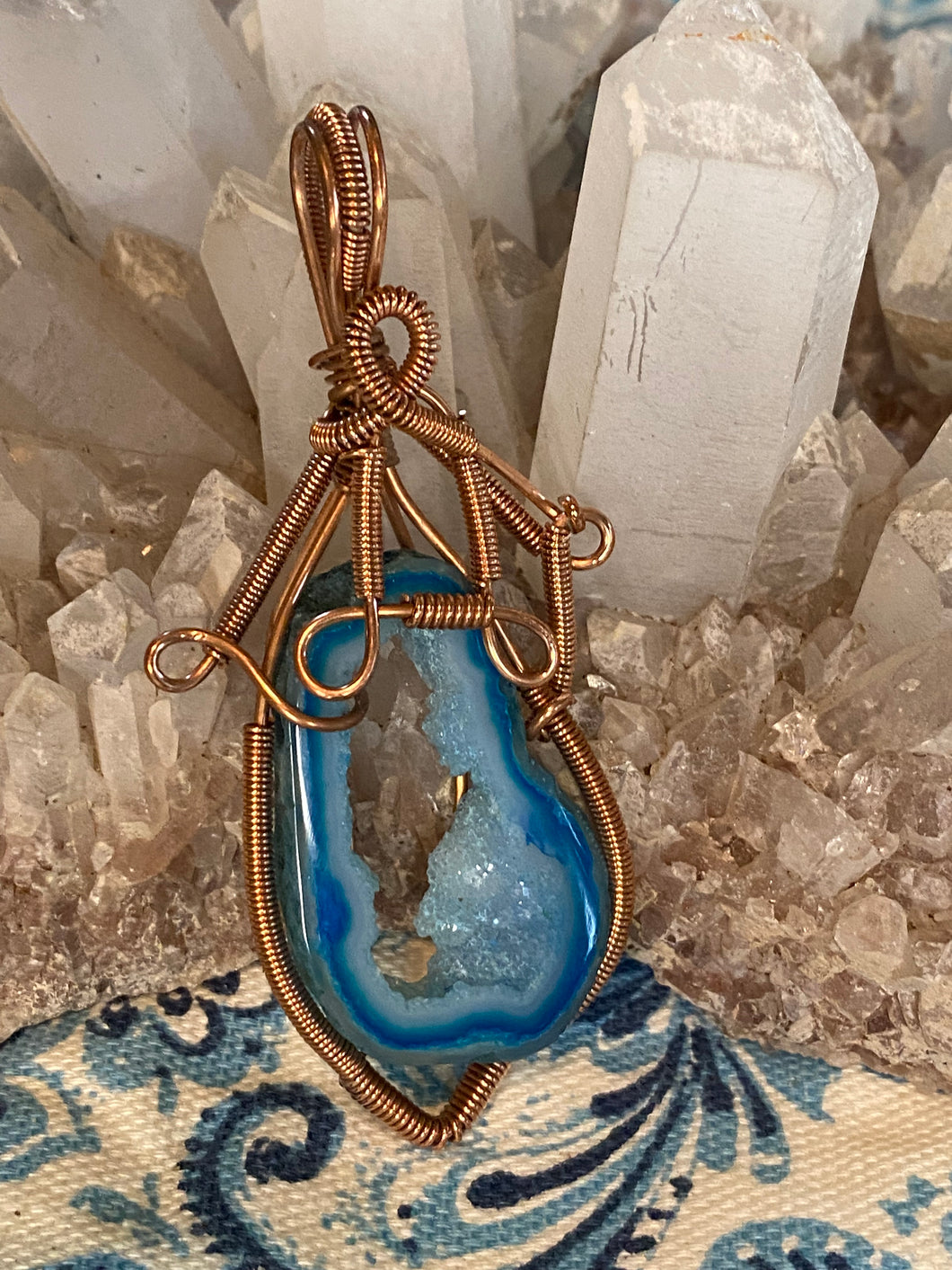 Geode wire wrapped pendant with cord